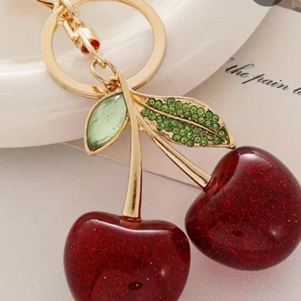 Cherry Keychain with Green Leaves & Gold - Red Accents